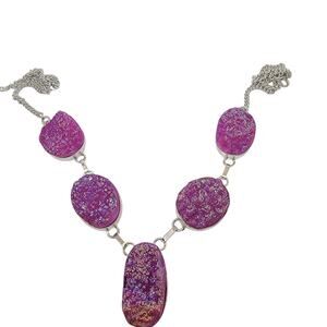 Handmade Silver Necklace with Pink Druzy Agate Gemstones Unique Statement Piece